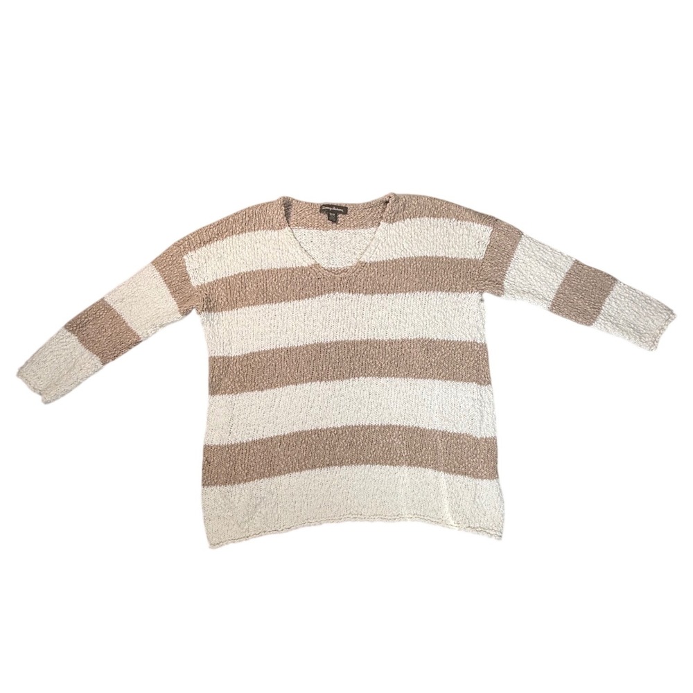 Tommy Bahama Womens Striped 100% Cotton‎ Chunky Knit V-Neck Sweater Tan Medium